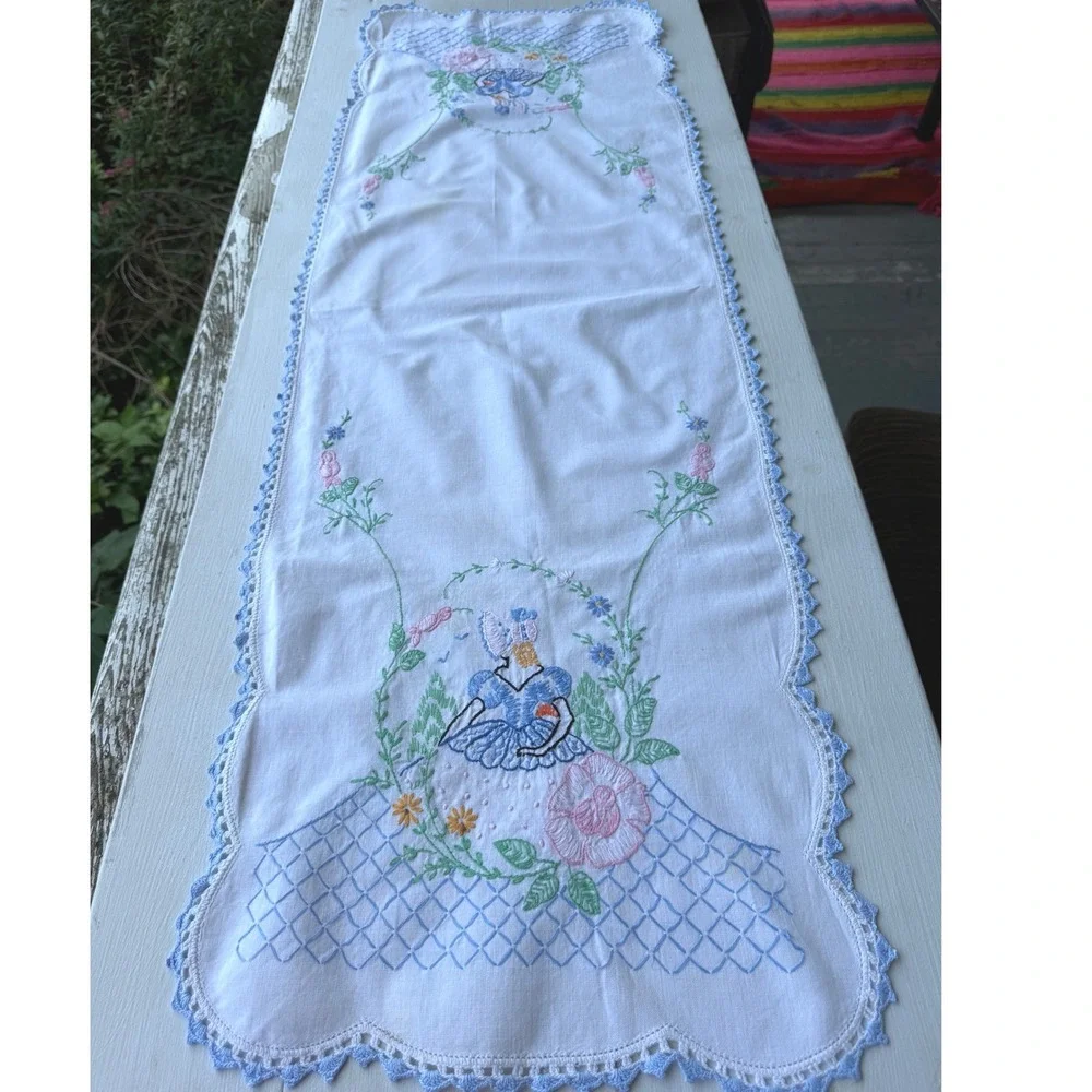 Vintage Embroidered Table Runner White Linen Blue Crochet Trim Crinoline Lady
